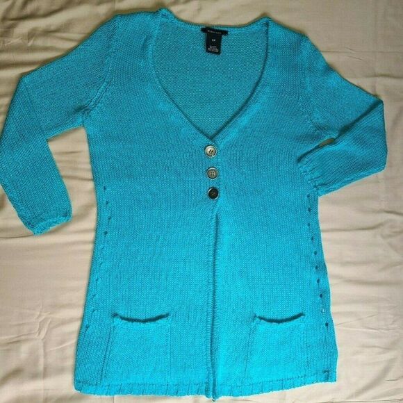 Sweaters - Alison Sheri Teal Blue Knit Cardigan‎ 3/4 sleeve